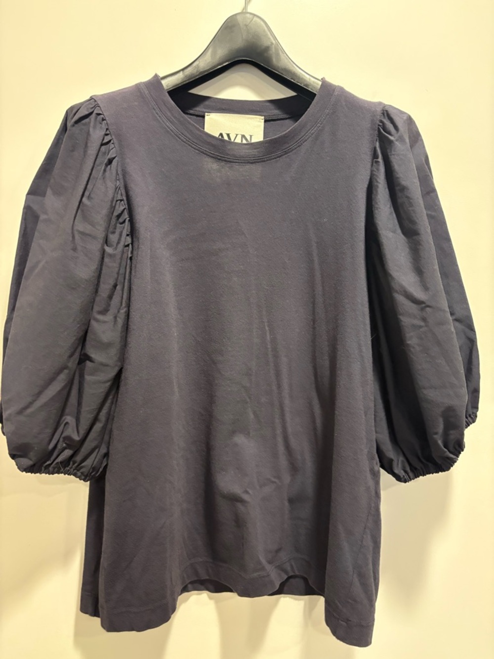 AVN Navy Puff Sleeve Cotton Top